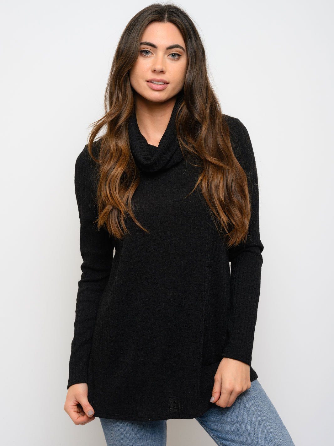 WOMEN'S RIB COWL NECK LONG SLEEVE TOP