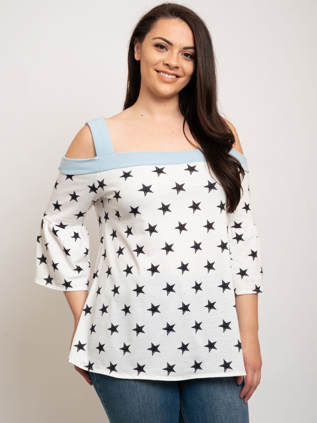 PLUS SIZE OFF SHOULDER STARS PRINT TOP