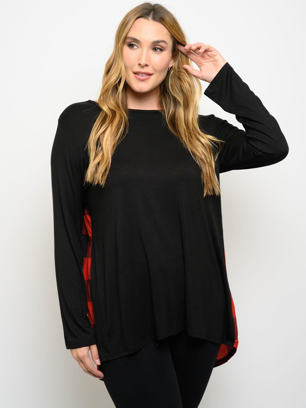 PLUS SIZE LONG SLEEVE PLAID BACK TUNIC TOP