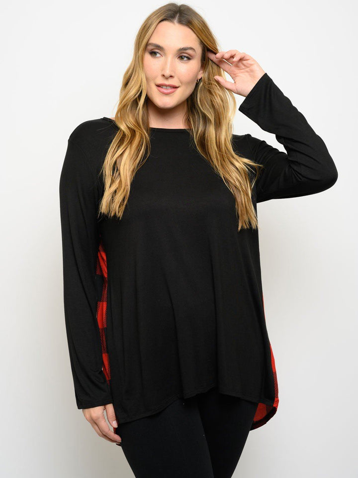 PLUS SIZE LONG SLEEVE PLAID BACK TUNIC TOP