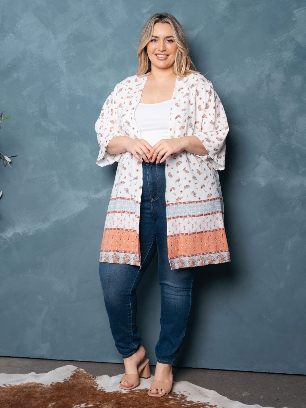 PLUS SIZE SHORT SLEEVE OPEN FRONT MULTI PRINT CARDIGAN