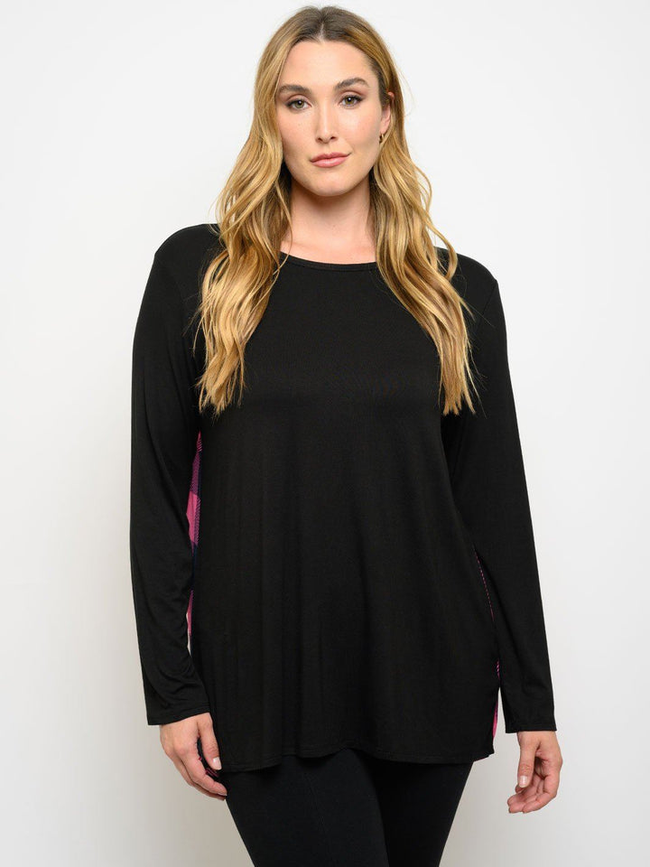 PLUS SIZE LONG SLEEVE PLAID BACK TUNIC TOP