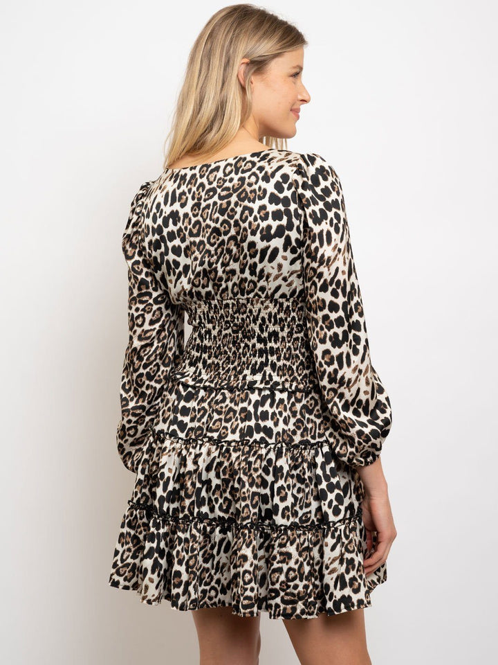 WOMEN'S LEOPARD PRINTED LAYERED SMOCKING WAIST DRESS