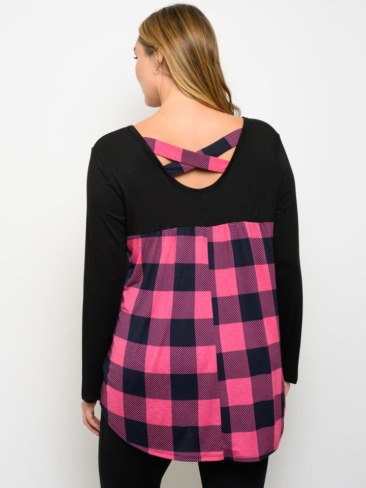 PLUS SIZE LONG SLEEVE PLAID BACK TUNIC TOP
