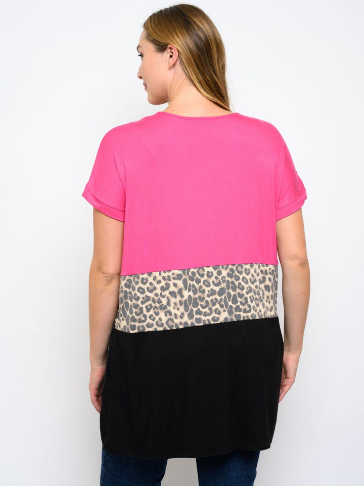 PLUS SIZE COLOR BLOCK ANIMAL PRINT CARDIGAN