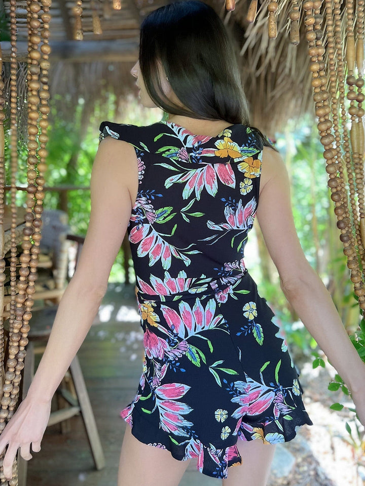 WOMEN'S BLACK FLORAL RUFFLE V-NECK ROMPER