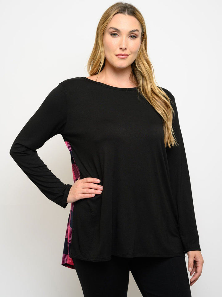 PLUS SIZE LONG SLEEVE PLAID BACK TUNIC TOP