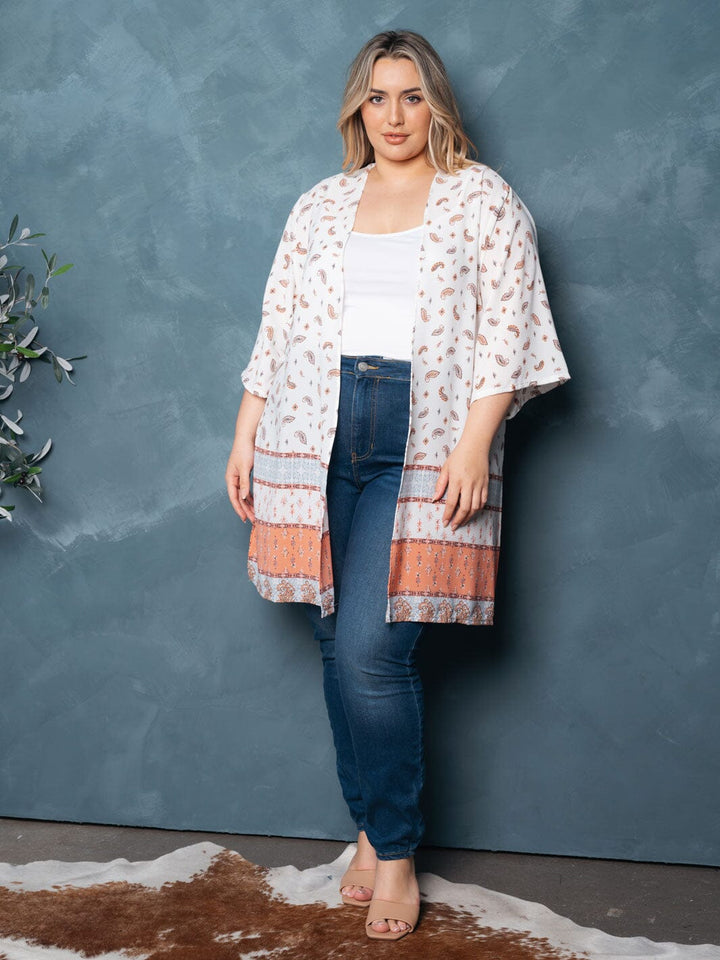 PLUS SIZE SHORT SLEEVE OPEN FRONT MULTI PRINT CARDIGAN