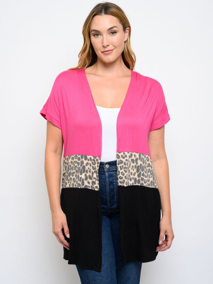 PLUS SIZE COLOR BLOCK ANIMAL PRINT CARDIGAN