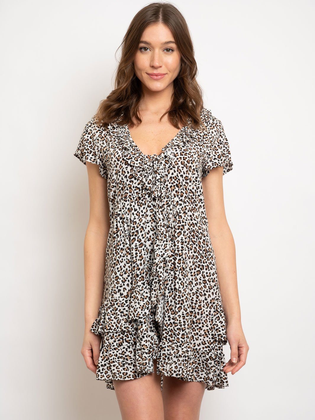 WOMENS RUFFLE LEOPARD PRINT MIDI DRESS