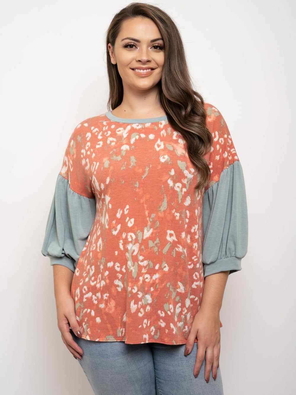 PLUS SIZE FLORAL 3/4 SLEEVE TUNIC TOP