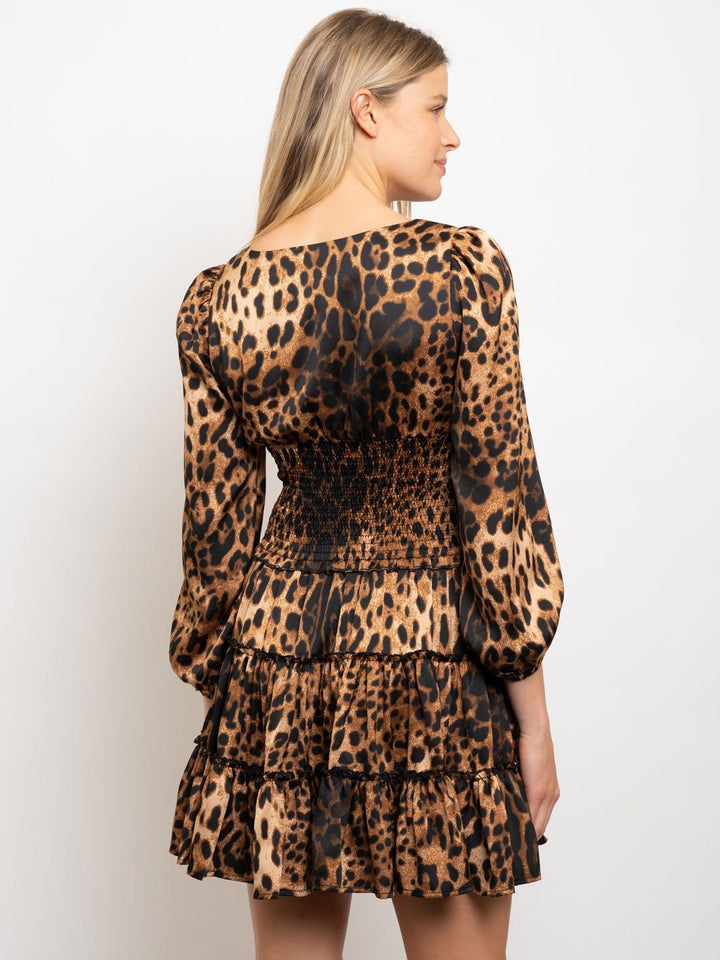 WOMEN'S LEOPARD PRINTED LAYERED SMOCKING WAIST DRESS