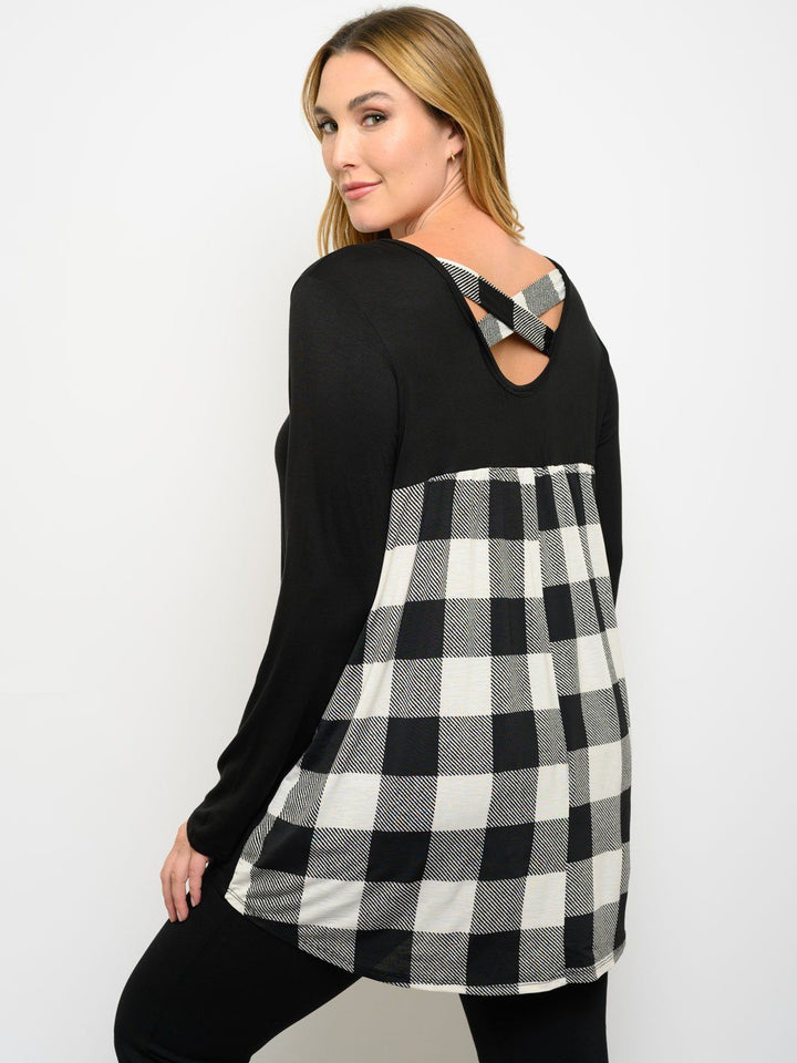 PLUS SIZE LONG SLEEVE PLAID BACK TUNIC TOP