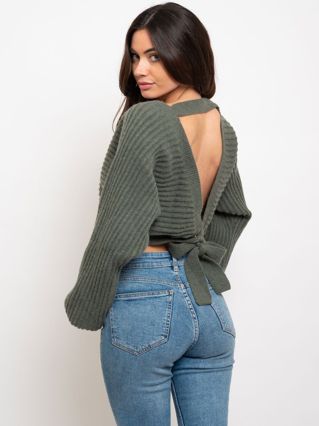 WOMEN'S RIBBED V-NECK OPEN BACK TOP