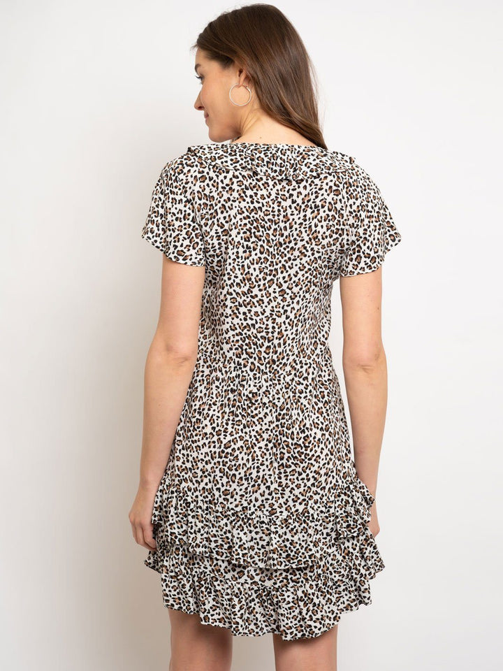 WOMENS RUFFLE LEOPARD PRINT MIDI DRESS