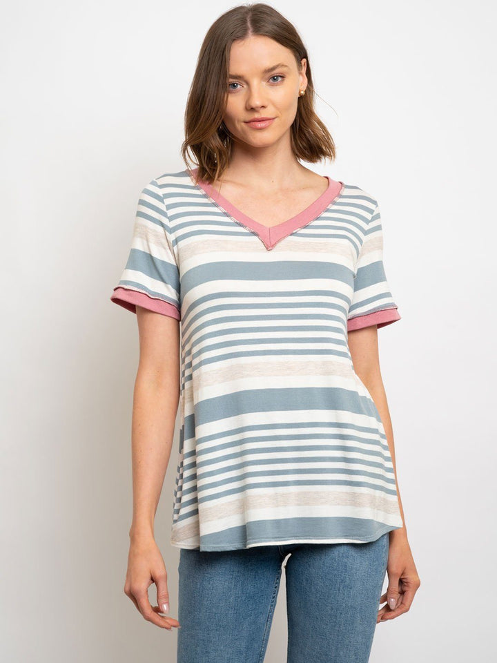 WOMEN'S STRIPES V-NECK TOP