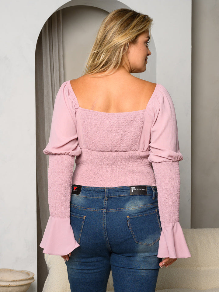 PLUS SIZE LONG BELL SLEEVE FRONT LACE UP CROP TOP