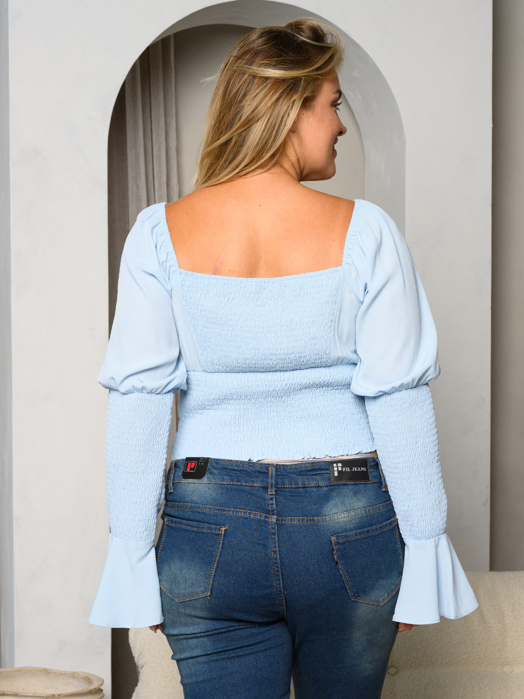 PLUS SIZE LONG BELL SLEEVE FRONT LACE UP CROP TOP