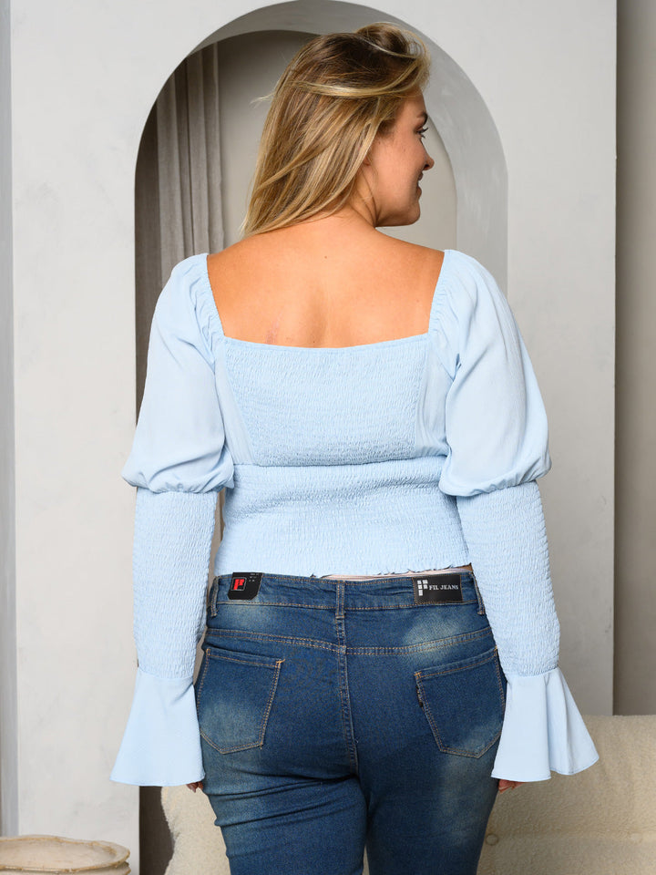 PLUS SIZE LONG BELL SLEEVE FRONT LACE UP CROP TOP