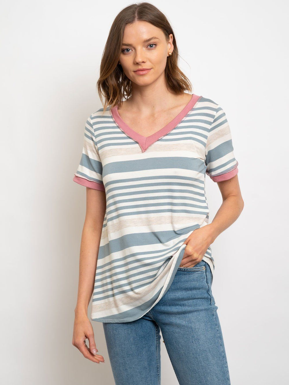 WOMEN'S STRIPES V-NECK TOP
