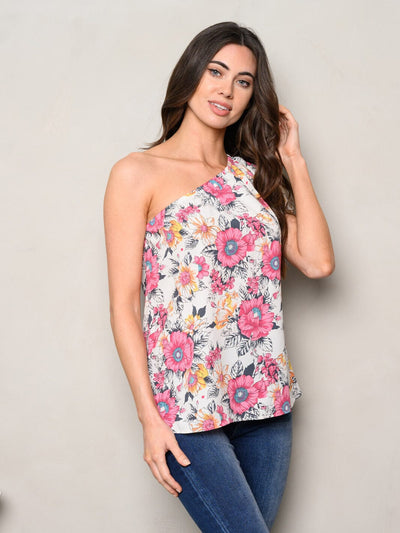 WOMEN'S ONE SHOULDER RUFFLE FLORAL TOP