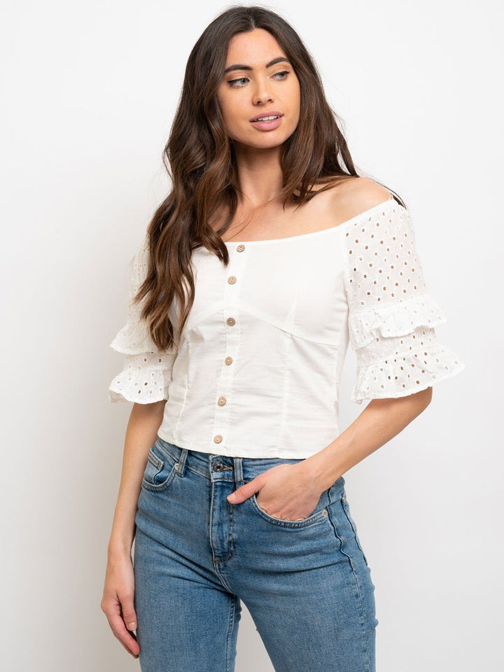 WOMEN'S OFF THE SHOULDER EYELET SMOCK BACK TOP