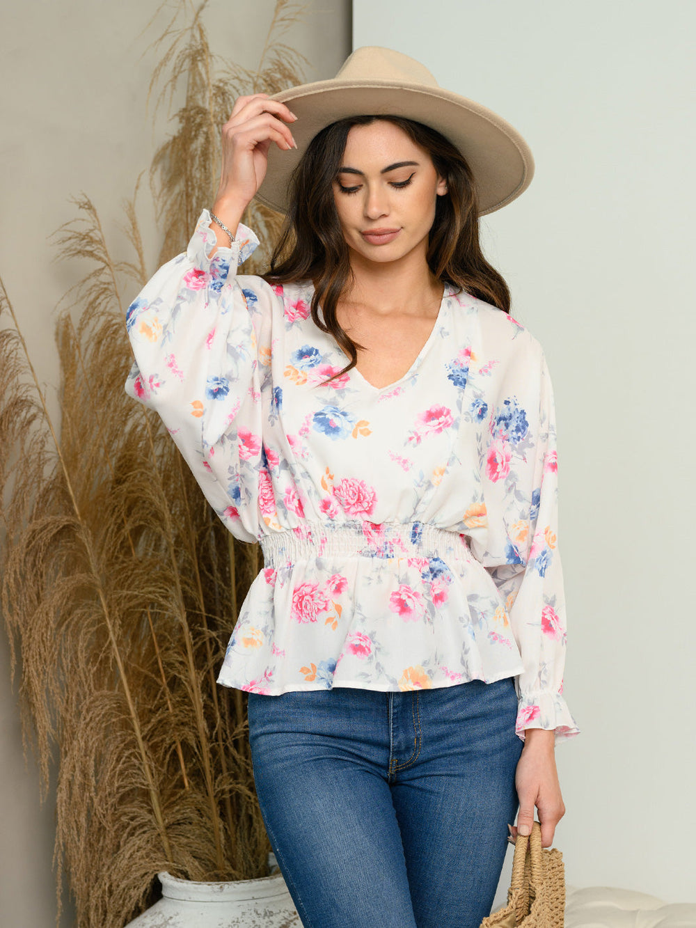 WOMEN'S SMOCKED PEPLUM FLORAL TOP