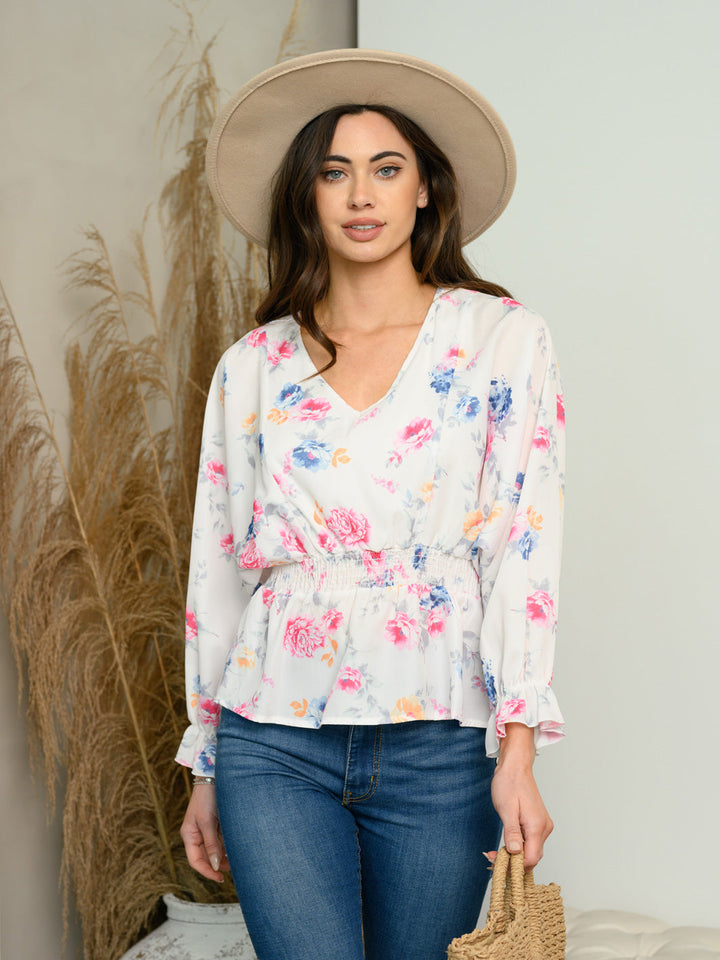 WOMEN'S SMOCKED PEPLUM FLORAL TOP
