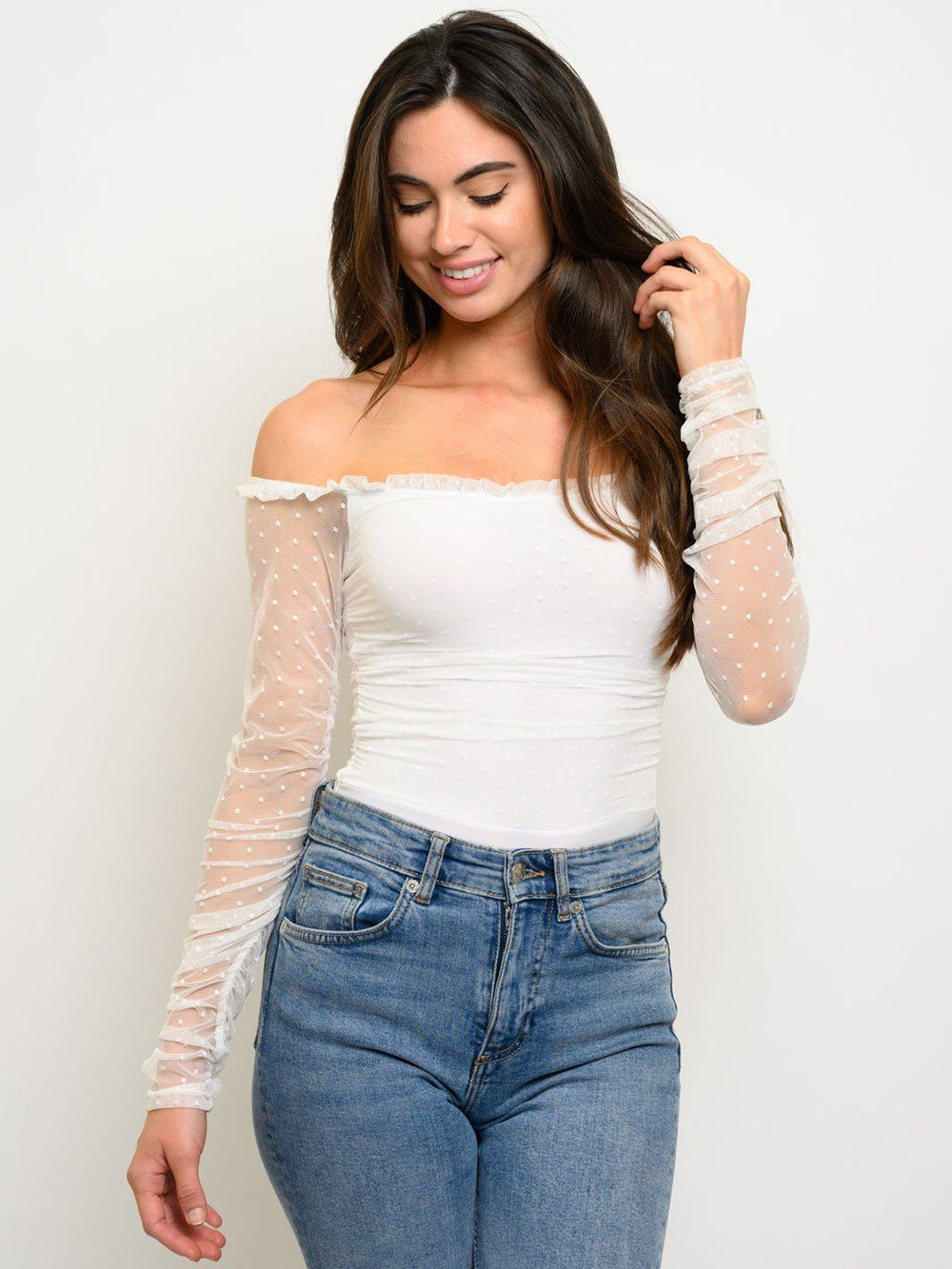 WOMEN'S DOT MESH LONG SLEEVE OFF SHOULDER BODYSUIT