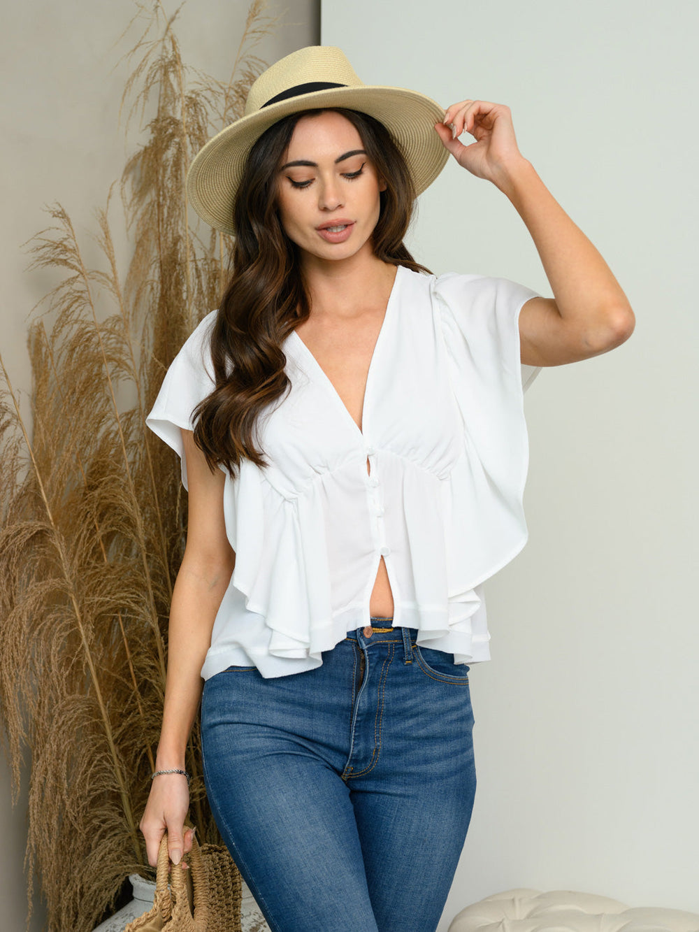 WOMEN'S SHORT RUFFLE BACK TIE TOP