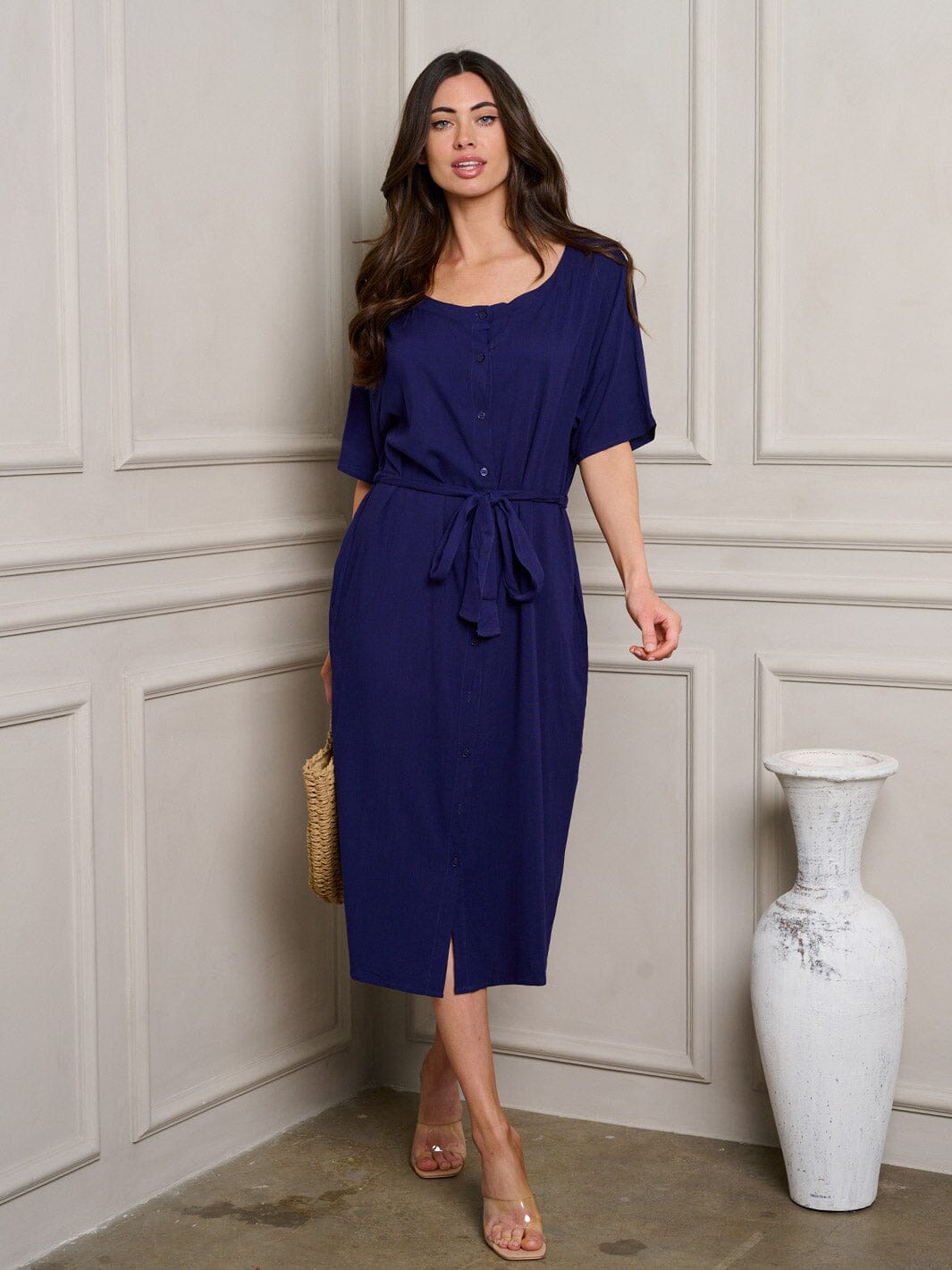 WOMEN'S SHORT SLEEVE BUTTON UP SELF TIE MIDI DRESS
