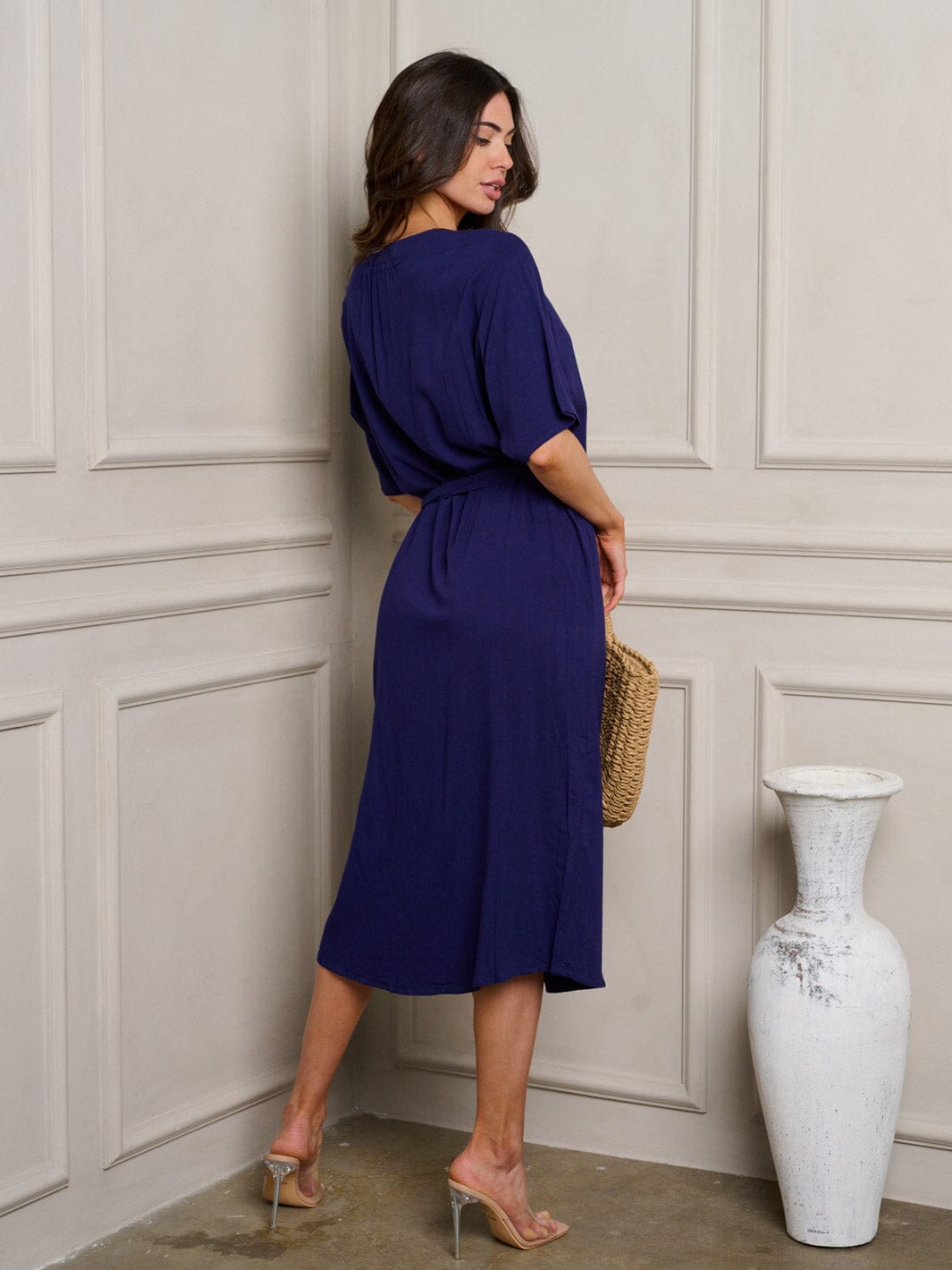 WOMEN'S SHORT SLEEVE BUTTON UP SELF TIE MIDI DRESS