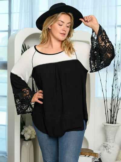 PLUS SIZE LONG BELL SLEEVE LACE TUNIC TOP