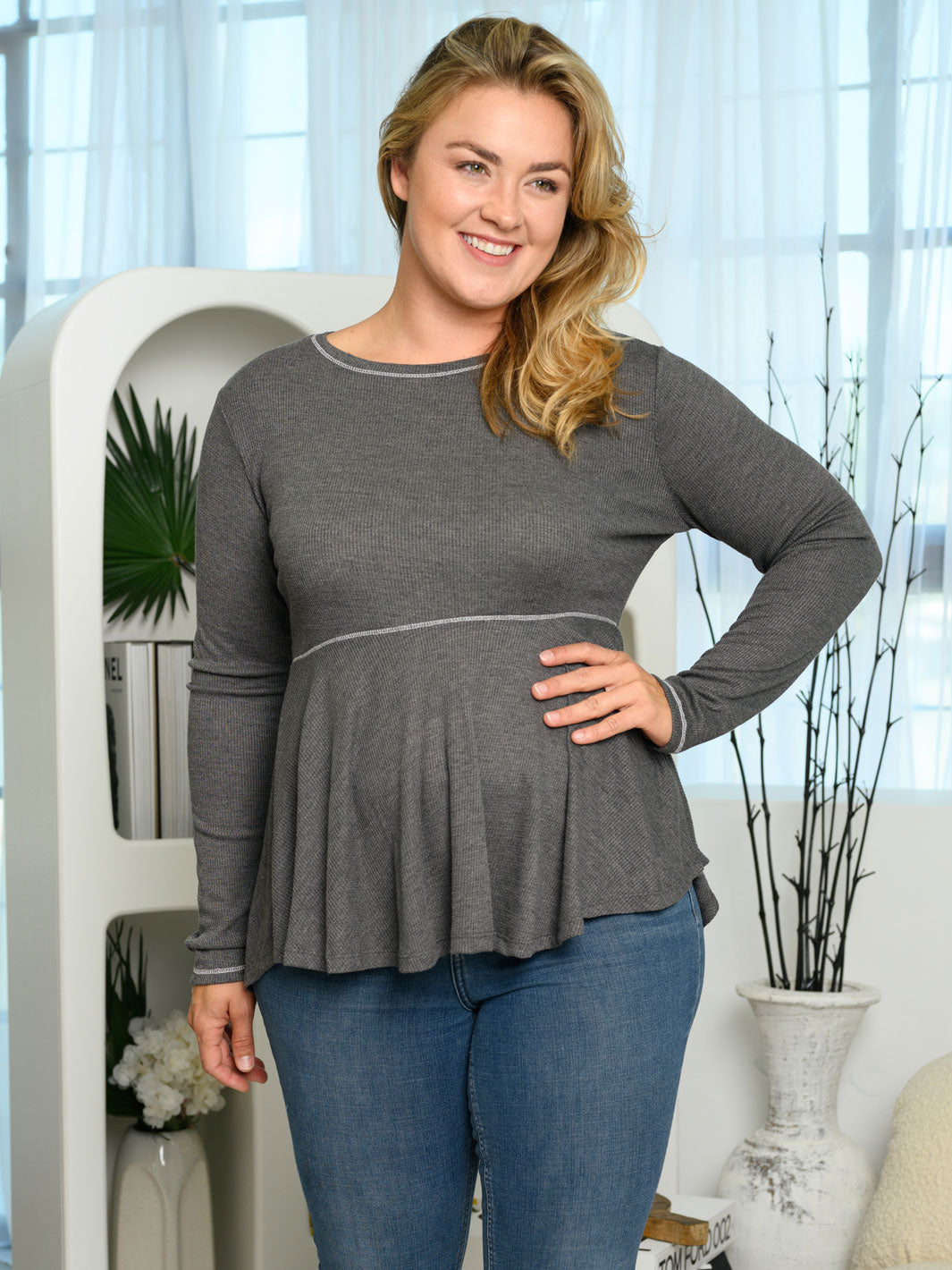 PLUS SIZE LONG BELL SLEEVE PEPLUM TUNIC TOP