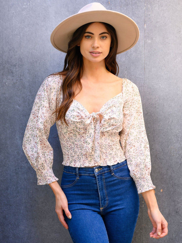 WOMEN'S SMOCKED FLORAL LONG SLEEVE CROP TOP