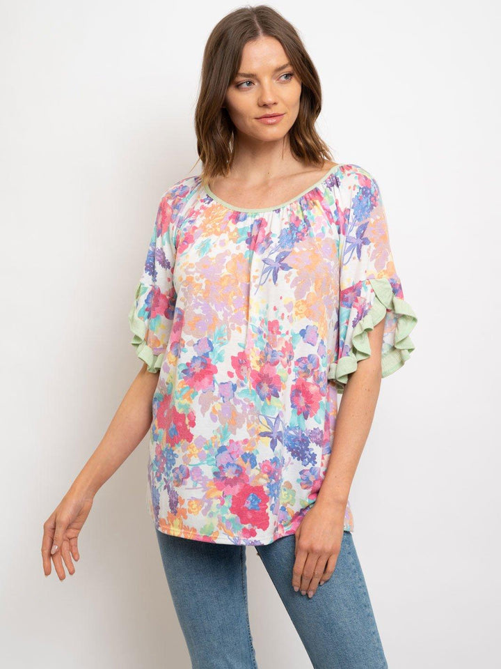 WOMEN'S RUFFLE SLEEVES FLORAL TOP