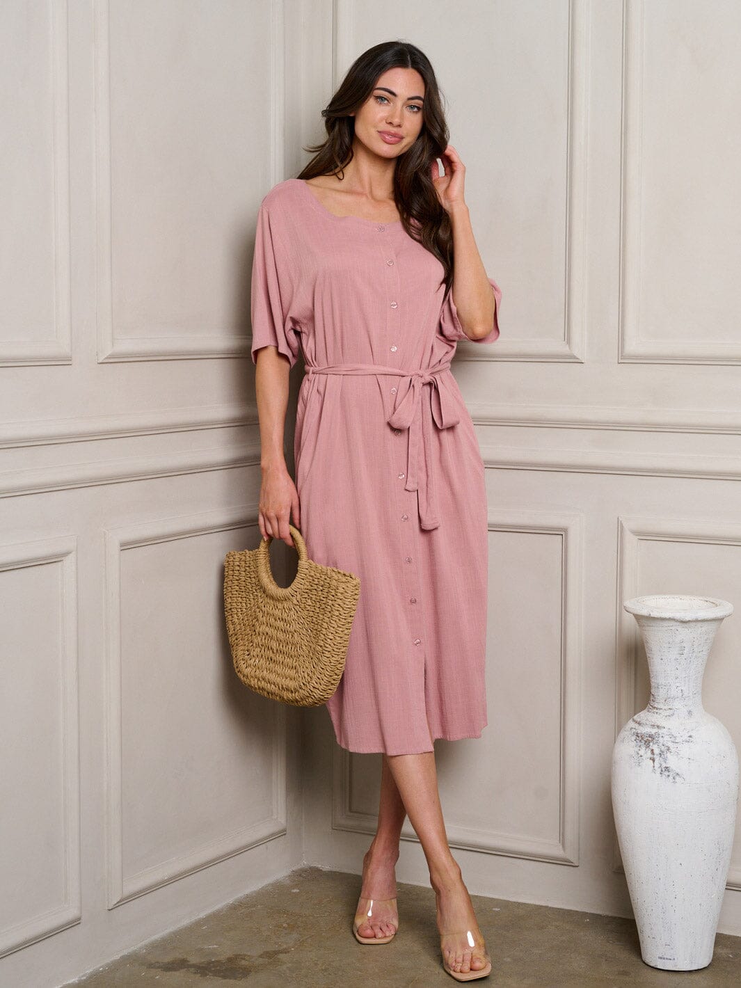 WOMEN'S SHORT SLEEVE BUTTON UP SELF TIE MIDI DRESS