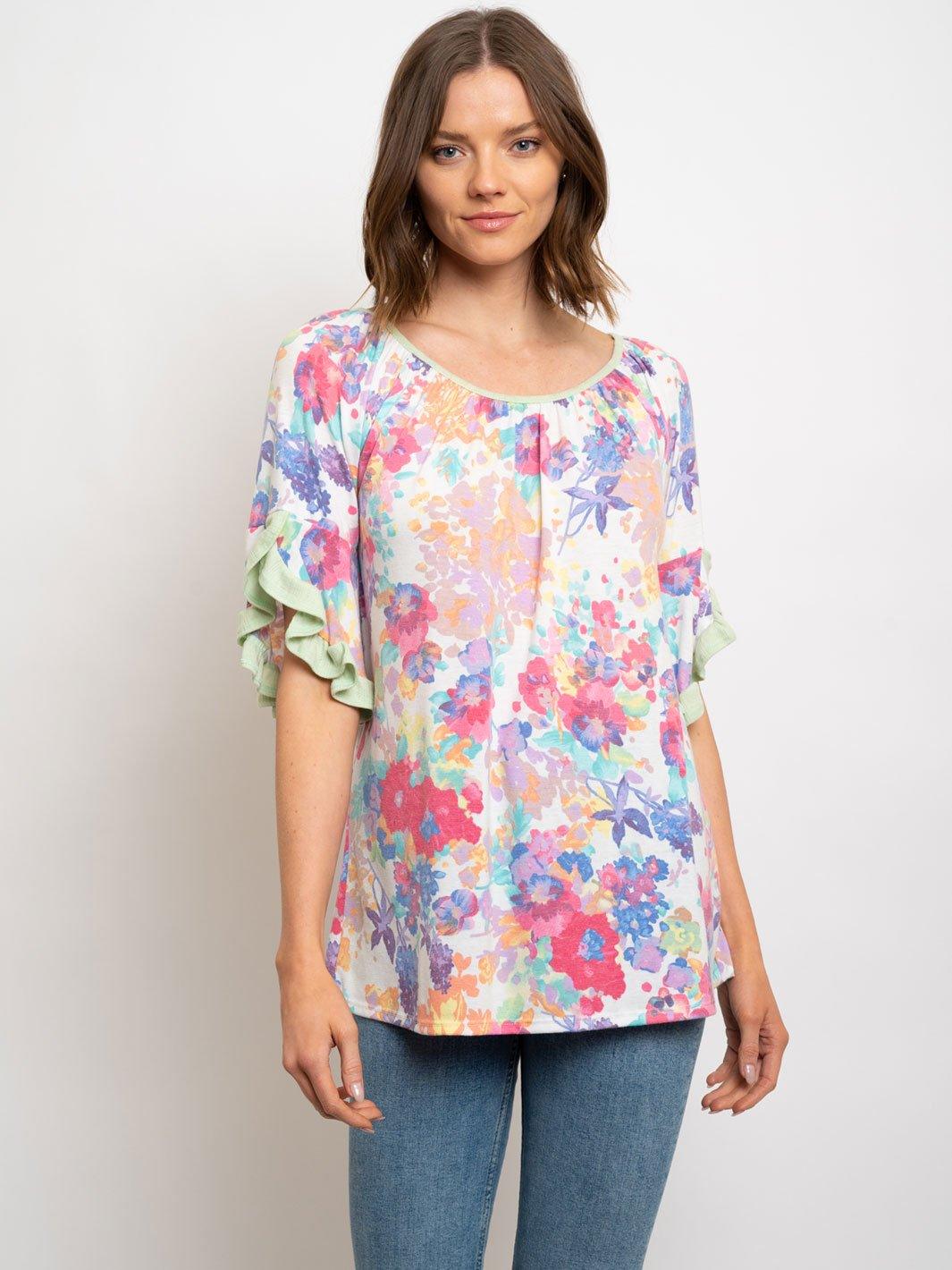 WOMEN'S RUFFLE SLEEVES FLORAL TOP