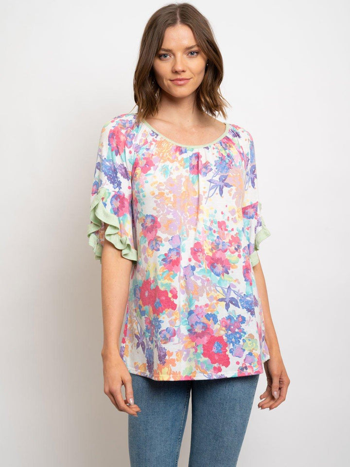 WOMEN'S RUFFLE SLEEVES FLORAL TOP