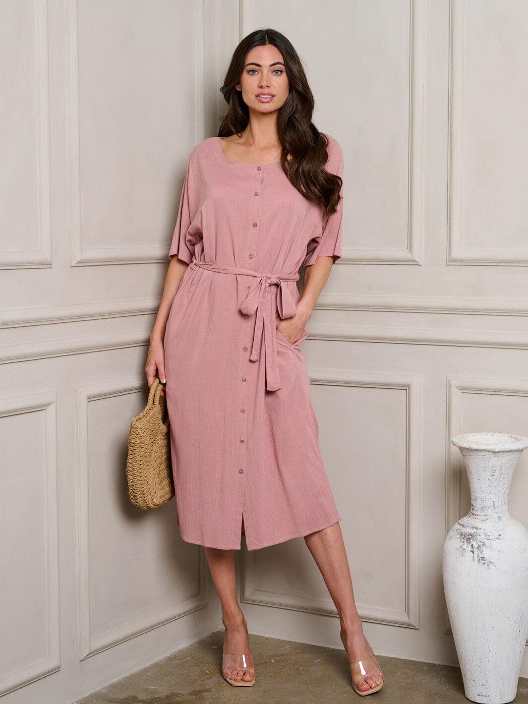 WOMEN'S SHORT SLEEVE BUTTON UP SELF TIE MIDI DRESS