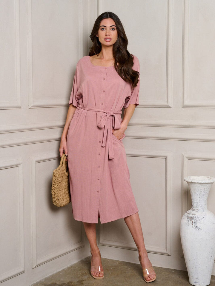 WOMEN'S SHORT SLEEVE BUTTON UP SELF TIE MIDI DRESS