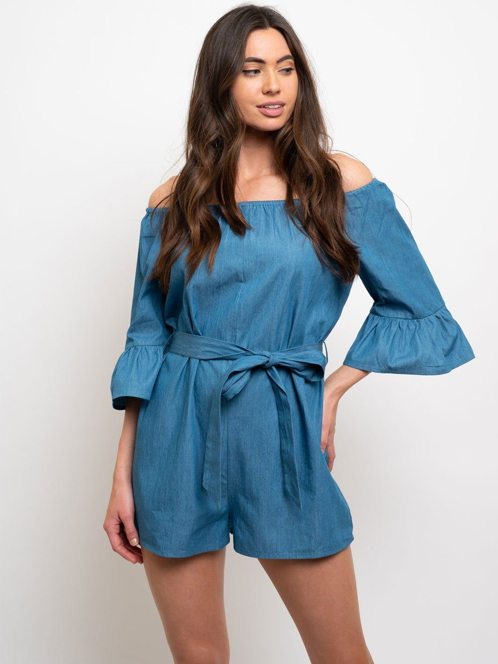 WOMENS CHAMBRAY OFF SHOULDER ROMPER