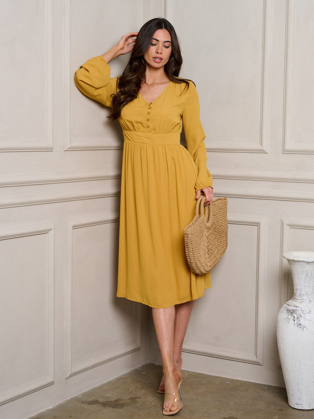 WOMEN'S LONG SLEEVE V-NECK MIDI DRESS
