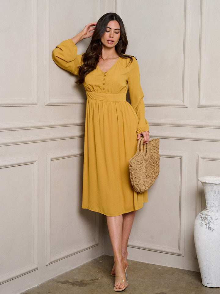WOMEN'S LONG SLEEVE V-NECK MIDI DRESS