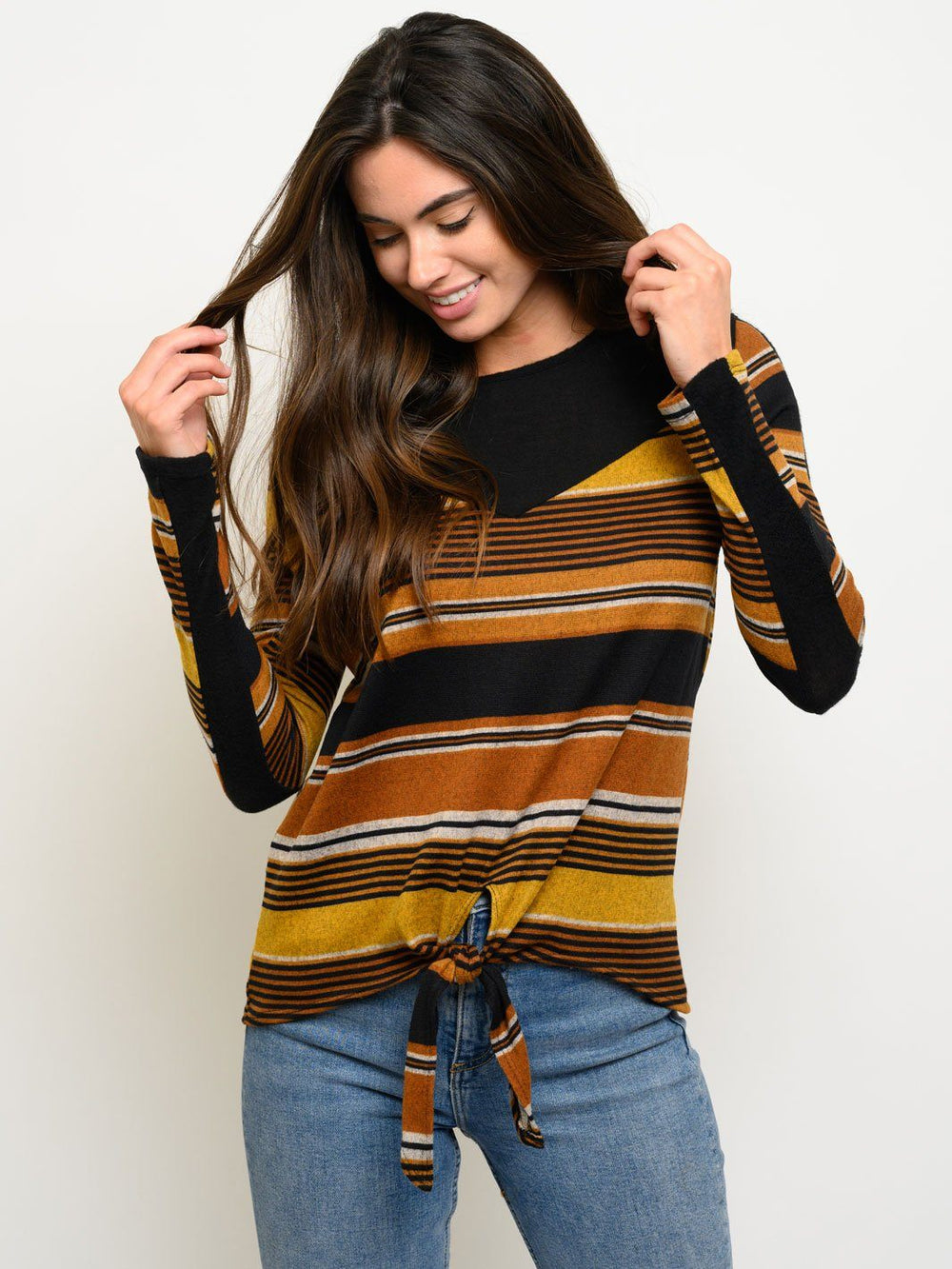 WOMEN'S LONG SLEEVE STRIPES FRONT TIE TOP
