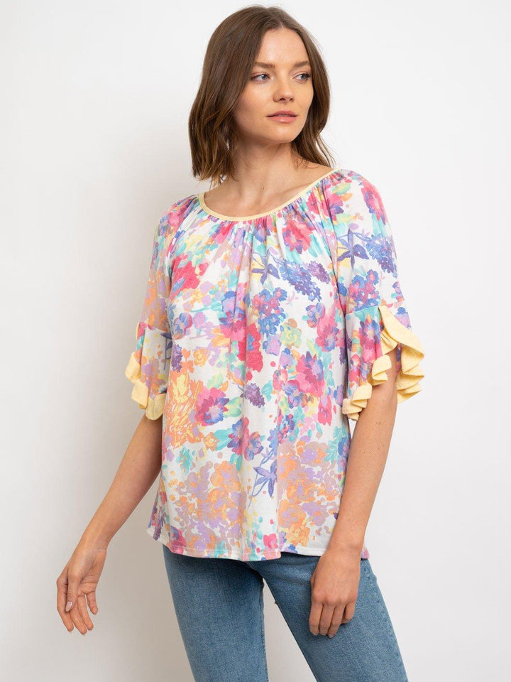 WOMEN'S RUFFLE SLEEVES FLORAL TOP