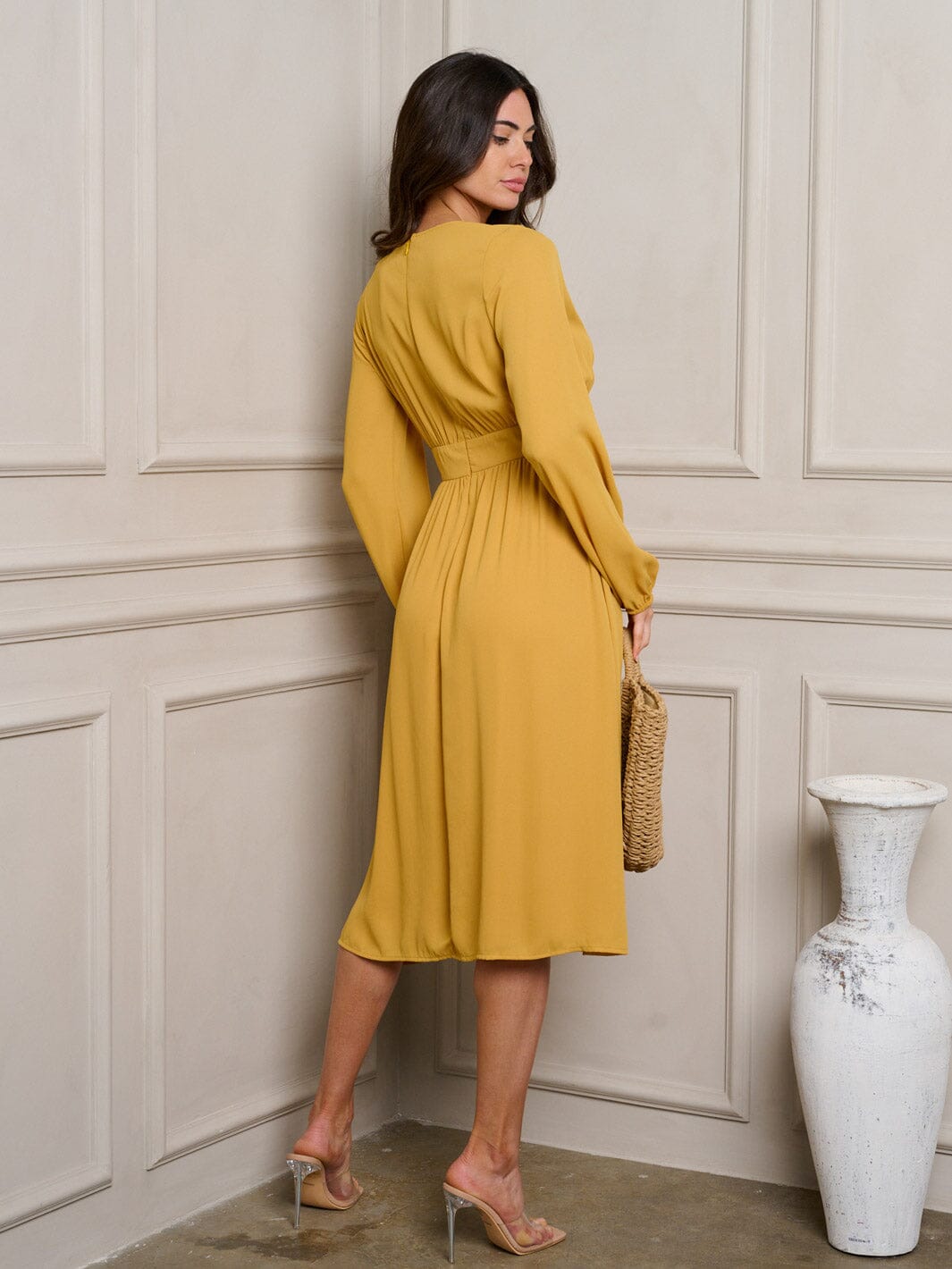 WOMEN'S LONG SLEEVE V-NECK MIDI DRESS