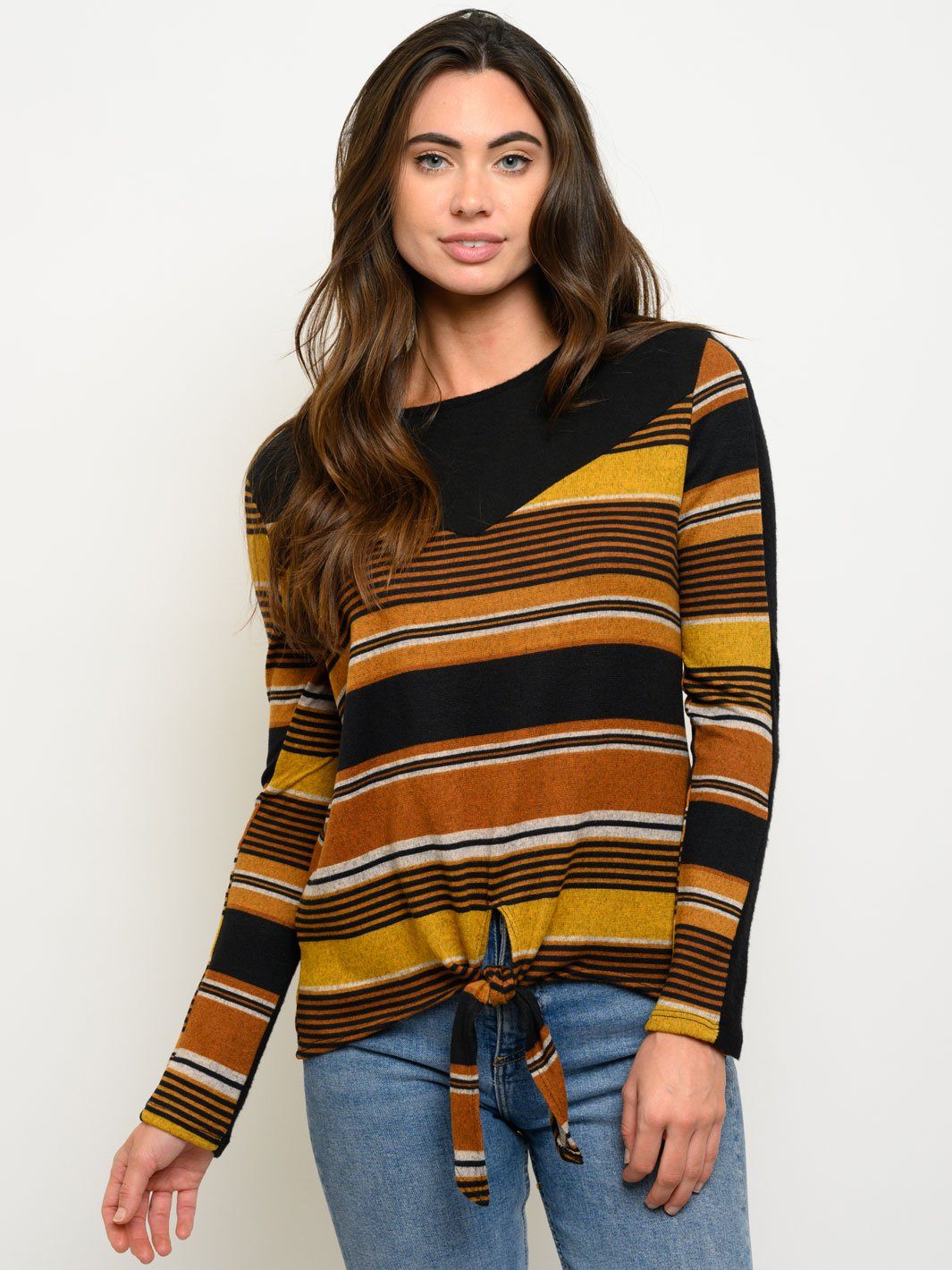 WOMEN'S LONG SLEEVE STRIPES FRONT TIE TOP