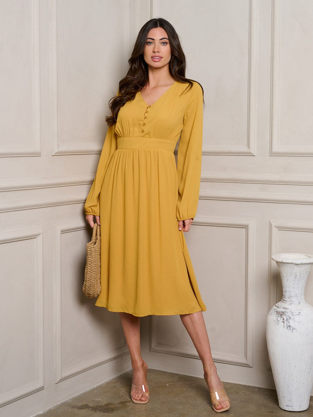 WOMEN'S LONG SLEEVE V-NECK MIDI DRESS