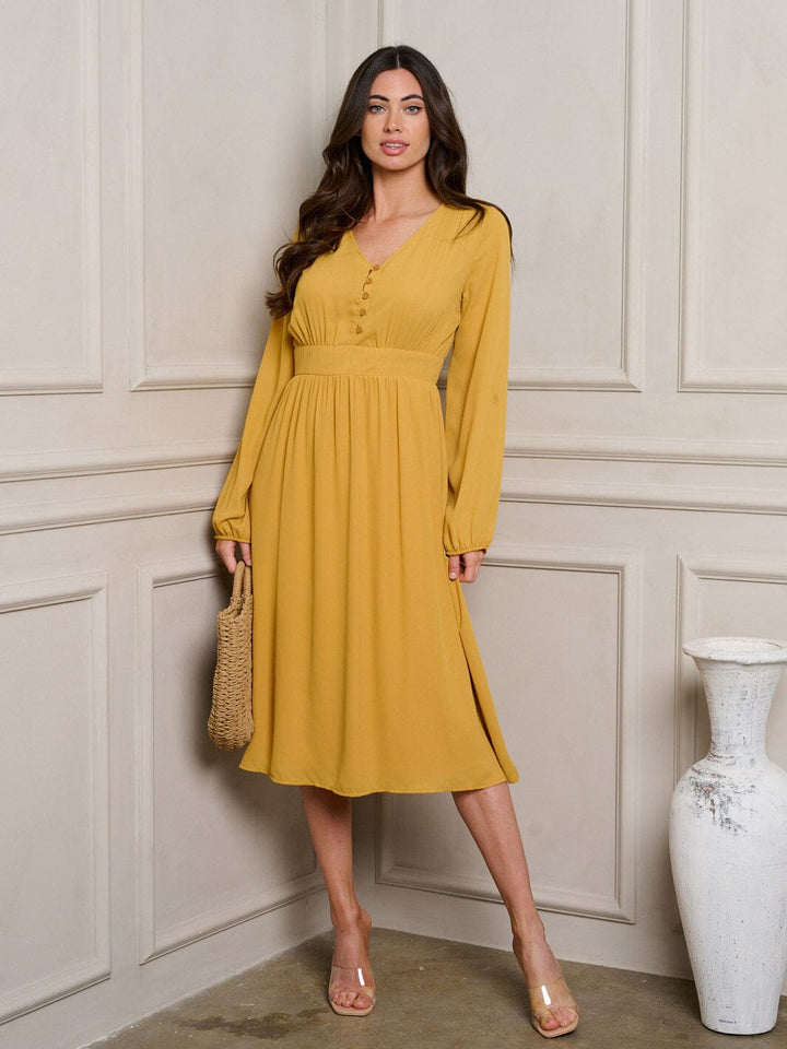 WOMEN'S LONG SLEEVE V-NECK MIDI DRESS